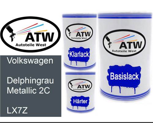 Volkswagen, Delphingrau Metallic 2C, LX7Z: 500ml Lackdose + 500ml Klarlack + 250ml Härter - Set, von ATW Autoteile West.